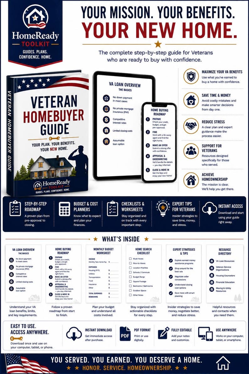 K&ouml;nnte beinhalten: Ein digitales Toolkit f&uuml;r Veteranen mit dem Titel Veteran Homebuyer Guide, bestehend aus einem Buchcover mit Flaggendesign, einem Tablet und Smartphone mit Kredit&uuml;bersichten sowie Abschnitten f&uuml;r Budgetarbeitsbl&auml;tter und Checklisten.