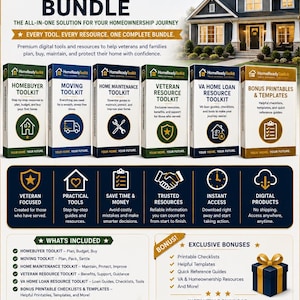 Puede incluir: Una infograf&iacute;a de paquete de productos digitales HomeReadyToolkit que presenta seis kits: Homebuyer, Moving, Home Maintenance, Veteran Resource, VA Home Loan Resource y Bonus Printables. El dise&ntilde;o incluye texto, iconos y una imagen de una casa.
