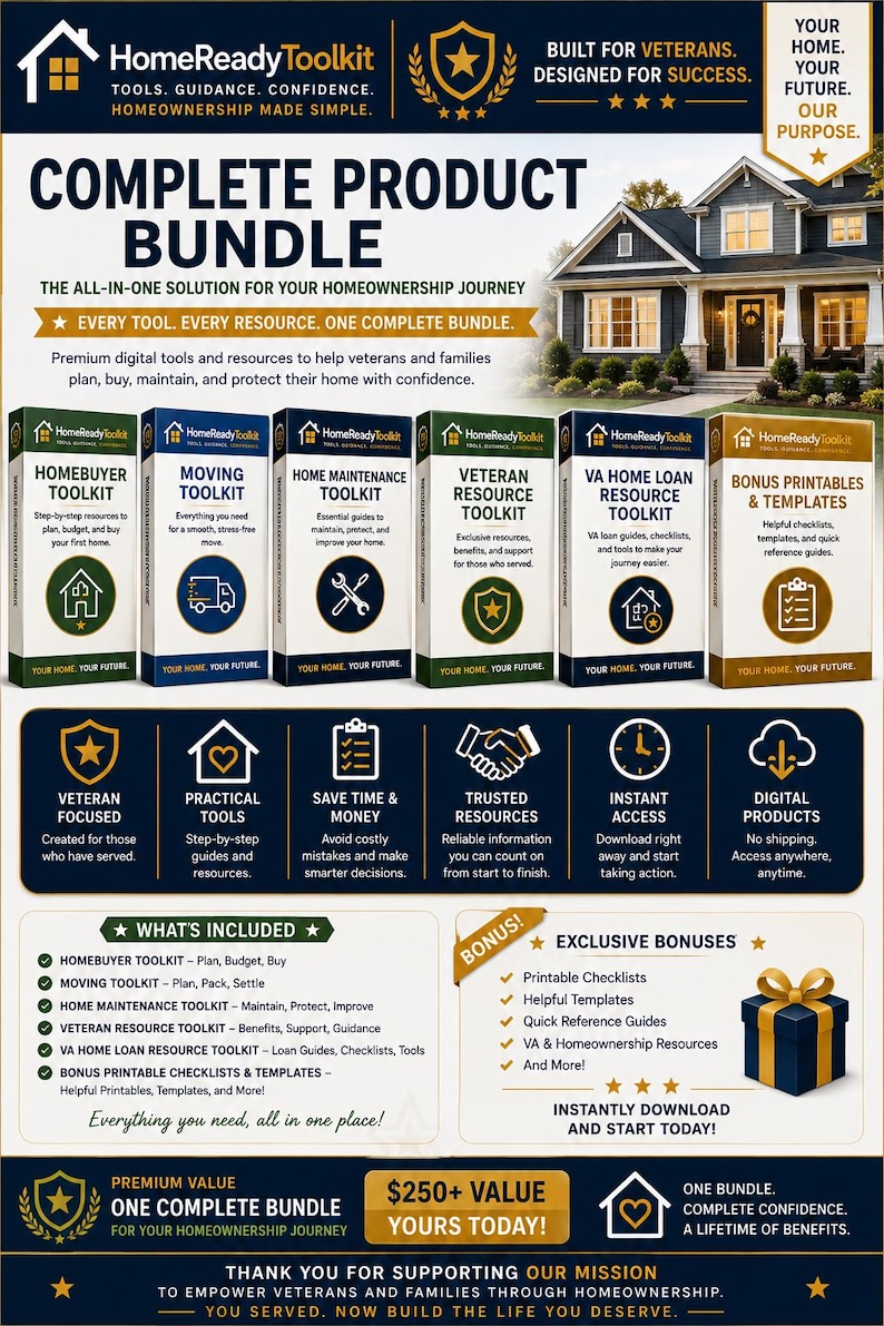 Puede incluir: Una infograf&iacute;a de paquete de productos digitales HomeReadyToolkit que presenta seis kits: Homebuyer, Moving, Home Maintenance, Veteran Resource, VA Home Loan Resource y Bonus Printables. El dise&ntilde;o incluye texto, iconos y una imagen de una casa.