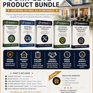 Puede incluir: Un paquete de productos digitales titulado HomeReadyToolkit que incluye cinco kits de herramientas: Homebuyer, Moving, Home Maintenance, Veteran Resource y VA Home Loan. El gr&aacute;fico incluye texto, iconos y listas de recursos para veteranos.