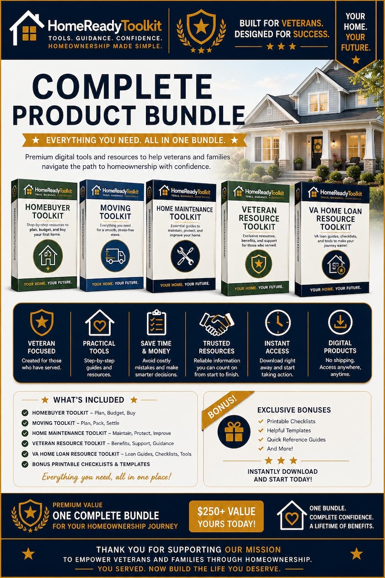 Puede incluir: Un paquete de productos digitales titulado HomeReadyToolkit que incluye cinco kits de herramientas: Homebuyer, Moving, Home Maintenance, Veteran Resource y VA Home Loan. El gr&aacute;fico incluye texto, iconos y listas de recursos para veteranos.