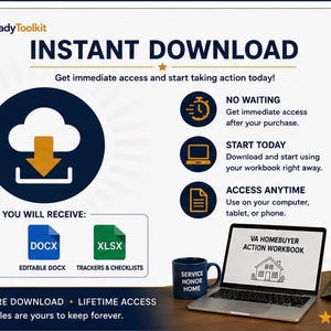 May include: A digital product advertisement for the HomeReadyToolkit featuring an instant download icon, file format labels for PDF, DOCX, and XLSX, and a laptop displaying the VA Homebuyer Action Workbook next to a mug and camouflage cap.