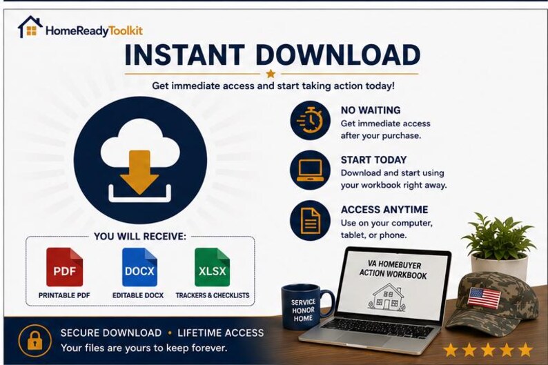 May include: A digital product advertisement for the HomeReadyToolkit featuring an instant download icon, file format labels for PDF, DOCX, and XLSX, and a laptop displaying the VA Homebuyer Action Workbook next to a mug and camouflage cap.