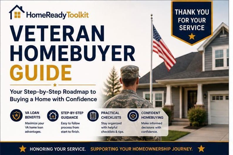 K&ouml;nnte beinhalten: Ein digitaler Flyer mit dem Titel Veteran Homebuyer Guide, der eine Person in milit&auml;rischer Tarnuniform vor einem Haus mit einer amerikanischen Flagge zeigt. Der Text enth&auml;lt HomeReady Toolkit, Thank You For Your Service und Tipps.