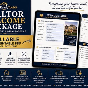 May include: A digital realtor welcome package featuring a fillable and printable PDF kit. The document includes property details, lender information, home insurance, key home contacts, and a moving checklist, all presented in a professional navy blue and gold layout.