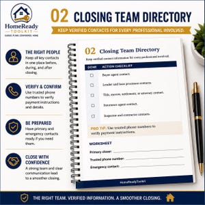 Puede incluir: Una p&aacute;gina de espiral del HomeReady Toolkit titulada Closing Team Directory. Incluye una lista de verificaci&oacute;n para contactos de agentes, prestamistas, seguros e inspectores, adem&aacute;s de una hoja de trabajo para datos de contacto importantes.