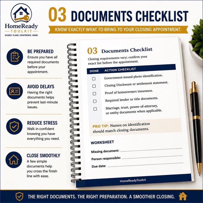 Puede incluir: Una lista de verificaci&oacute;n de documentos con espiral para citas de cierre inmobiliario. La p&aacute;gina presenta una tabla con casillas de verificaci&oacute;n para elementos como identificaci&oacute;n, seguros y documentos de pr&eacute;stamo, adem&aacute;s de una secci&oacute;n de seguimiento.