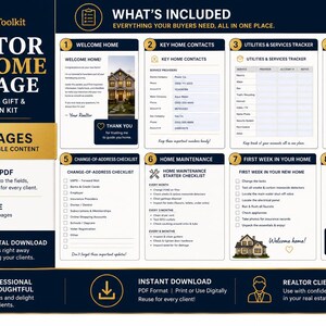 May include: A digital realtor welcome package featuring 13 pages of fillable and printable content. The layout includes sections for welcome home notes, key contacts, utility trackers, moving checklists, home maintenance, and first-week tasks.