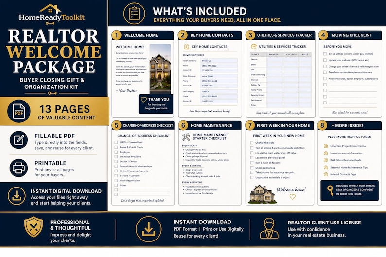 May include: A digital realtor welcome package featuring 13 pages of fillable and printable content. The layout includes sections for welcome home notes, key contacts, utility trackers, moving checklists, home maintenance, and first-week tasks.