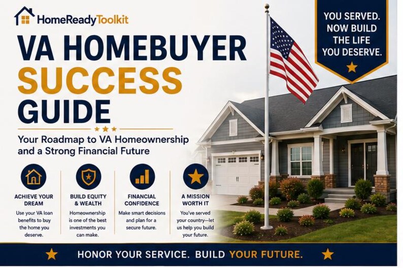 May include: A promotional flyer titled VA Homebuyer Success Guide featuring a house with an American flag on a pole. Text includes: You served. Now build the life you deserve. Achieve your dream, build equity and wealth, financial confidence.