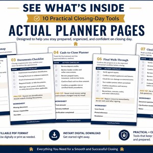 Puede incluir: Un planificador digital HomeReady Toolkit con 10 herramientas pr&aacute;cticas para el d&iacute;a del cierre. El documento muestra p&aacute;ginas para una hoja de ruta de 30 d&iacute;as, lista de verificaci&oacute;n de documentos, planificador de efectivo y revisi&oacute;n.