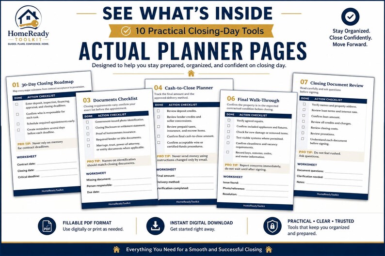 Puede incluir: Un planificador digital HomeReady Toolkit con 10 herramientas pr&aacute;cticas para el d&iacute;a del cierre. El documento muestra p&aacute;ginas para una hoja de ruta de 30 d&iacute;as, lista de verificaci&oacute;n de documentos, planificador de efectivo y revisi&oacute;n.