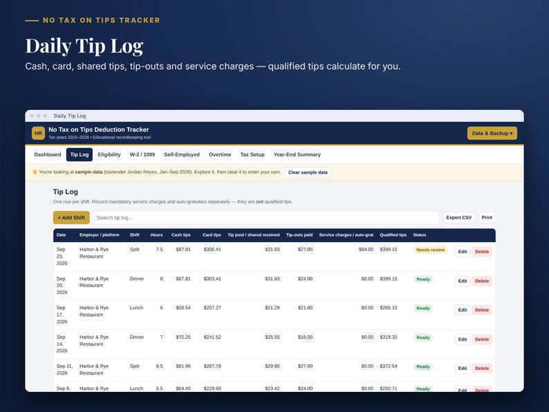 May include: A digital interface for the No Tax on Tips Deduction Tracker, featuring a Daily Tip Log table. The dashboard displays columns for date, employer, shift, hours, cash tips, card tips, shared tips, tip-outs, service charges, and qualified tips.