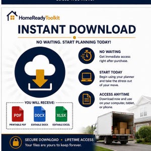 Op de afbeelding: Een digitale flyer voor HomeReadyToolkit met een icoon voor directe download, tekst over niet wachten en vandaag beginnen met plannen, bestandsiconen voor PDF, DOCX en XLSX, en een afbeelding van een verhuiswagen voor een huis.