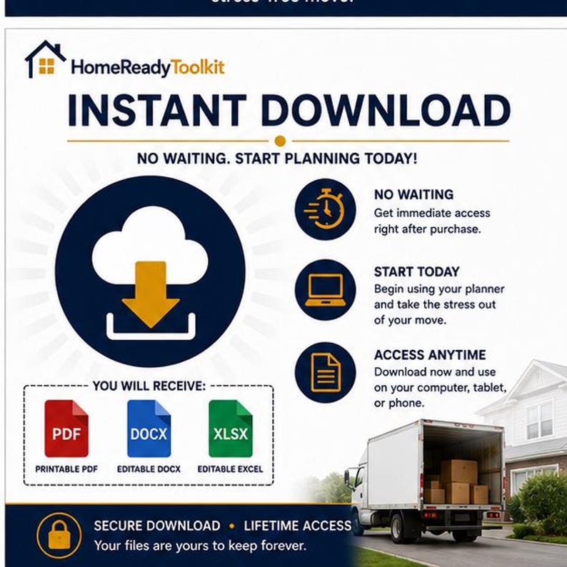 Op de afbeelding: Een digitale flyer voor HomeReadyToolkit met een icoon voor directe download, tekst over niet wachten en vandaag beginnen met plannen, bestandsiconen voor PDF, DOCX en XLSX, en een afbeelding van een verhuiswagen voor een huis.