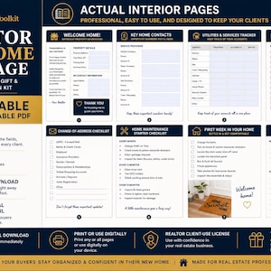 May include: A digital realtor welcome package kit featuring fillable and printable PDF templates. The layout includes sections for property details, utility trackers, moving checklists, home maintenance schedules, and contact information pages.
