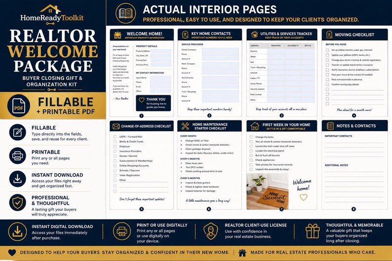 May include: A digital realtor welcome package kit featuring fillable and printable PDF templates. The layout includes sections for property details, utility trackers, moving checklists, home maintenance schedules, and contact information pages.