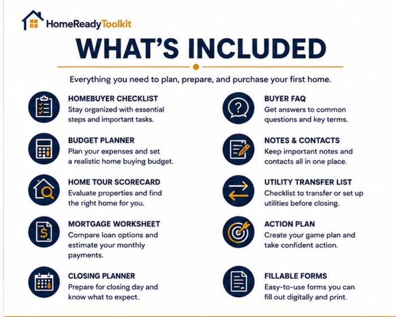 May include: A HomeReadyToolkit informational graphic titled WHAT'S INCLUDED, listing ten components for home buying: Homebuyer Checklist, Buyer FAQ, Budget Planner, Notes & Contacts, Home Tour Scorecard, Utility Transfer List, Mortgage Worksheet, Action Plan, Closing Planner, and Fillable Forms.