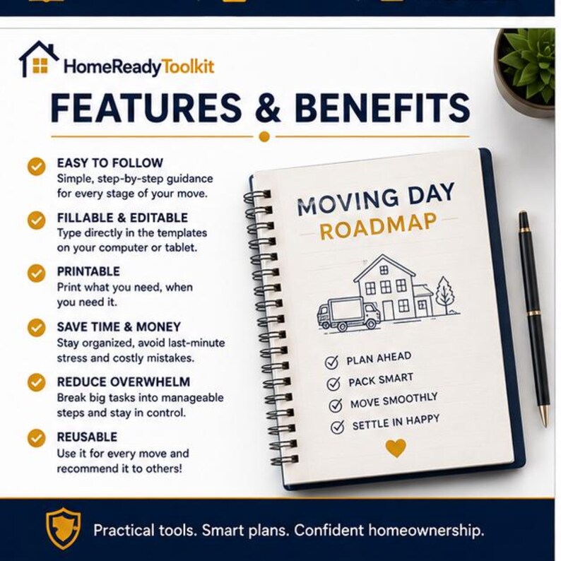 Op de afbeelding: Een spiraalgebonden notitieboek met de titel Moving Day Roadmap en een illustratie van een huis en vrachtwagen. De pagina bevat afvinkpunten: Plan Ahead, Pack Smart, Move Smoothly en Settle In Happy. Het HomeReady Toolkit logo staat bovenaan.