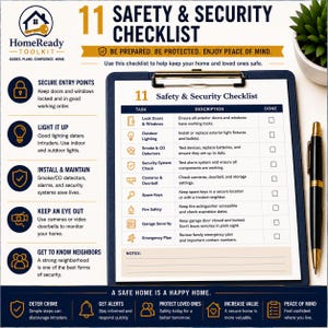 Puede incluir: Una lista de verificaci&oacute;n de seguridad HomeReady Toolkit 11 impresa en papel y sujeta por un portapapeles azul oscuro. El documento presenta una tabla con tareas como cerrar puertas, verificar detectores de humo y sistemas de seguridad.