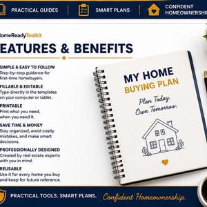 May include: A spiral-bound notebook titled My Home Buying Plan with a house illustration and the text Plan Today. Own Tomorrow. The HomeReadyToolkit features list includes simple guidance, fillable templates, printable pages, and reusable design.