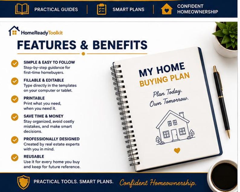 May include: A spiral-bound notebook titled My Home Buying Plan with a house illustration and the text Plan Today. Own Tomorrow. The HomeReadyToolkit features list includes simple guidance, fillable templates, printable pages, and reusable design.