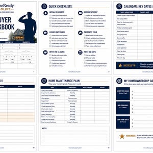 May include: A six-page VA Homebuyer Action Workbook featuring a property scorecard, quick checklists, a calendar for key dates and deadlines, a closing costs estimate, a home maintenance plan, and a section for tracking homeownership goals.