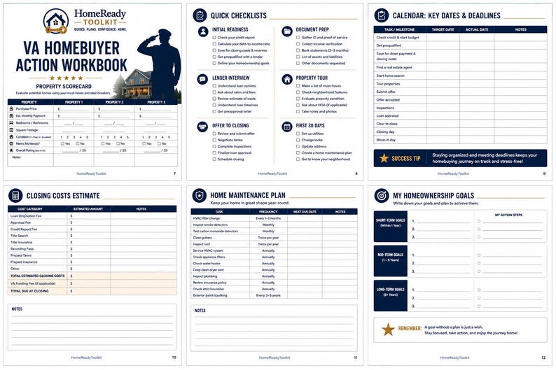 May include: A six-page VA Homebuyer Action Workbook featuring a property scorecard, quick checklists, a calendar for key dates and deadlines, a closing costs estimate, a home maintenance plan, and a section for tracking homeownership goals.