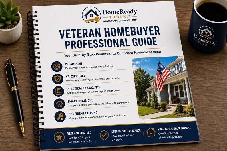 K&ouml;nnte beinhalten: Ein spiralgebundener Veteran Homebuyer Professional Guide mit wei&szlig;em Einband, blauem Text, dem HomeReady Toolkit-Logo und einem Foto eines Hauses mit einer amerikanischen Flagge. Der Leitfaden beschreibt Schritte zum Wohneigentum mit Symbolen.