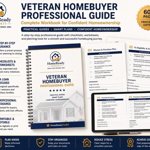 K&ouml;nnte beinhalten: Ein spiralgebundenes Veteran Homebuyer Professional Guide Arbeitsbuch mit marineblau-wei&szlig;em Einband und Hausillustration. Enth&auml;lt zus&auml;tzliche gedruckte Seiten mit Checklisten f&uuml;r die Missionsplanung, VA-Berechtigung, Finanzbereitschaft und Dokumente.