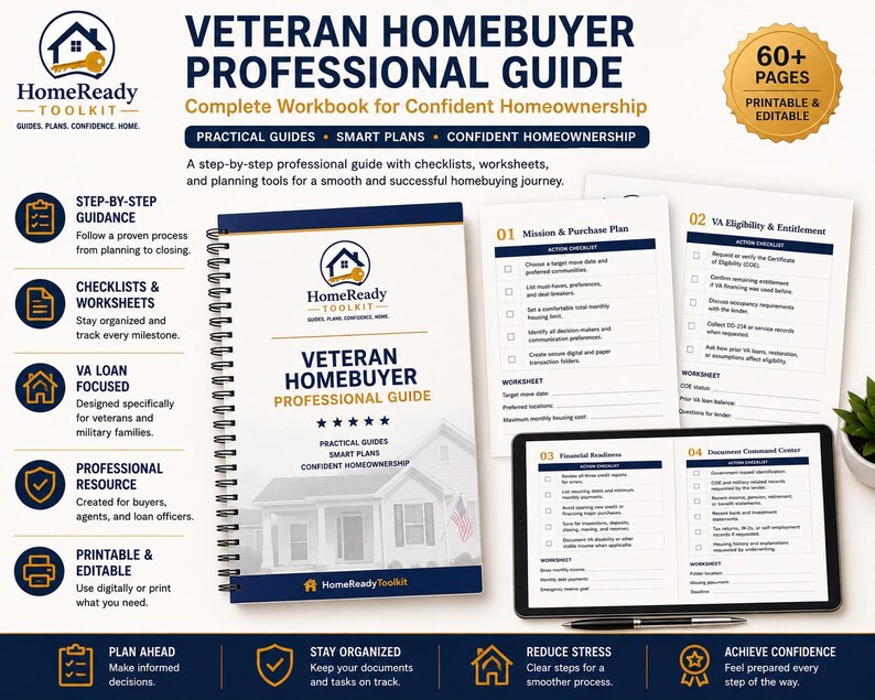 K&ouml;nnte beinhalten: Ein spiralgebundenes Veteran Homebuyer Professional Guide Arbeitsbuch mit marineblau-wei&szlig;em Einband und Hausillustration. Enth&auml;lt zus&auml;tzliche gedruckte Seiten mit Checklisten f&uuml;r die Missionsplanung, VA-Berechtigung, Finanzbereitschaft und Dokumente.