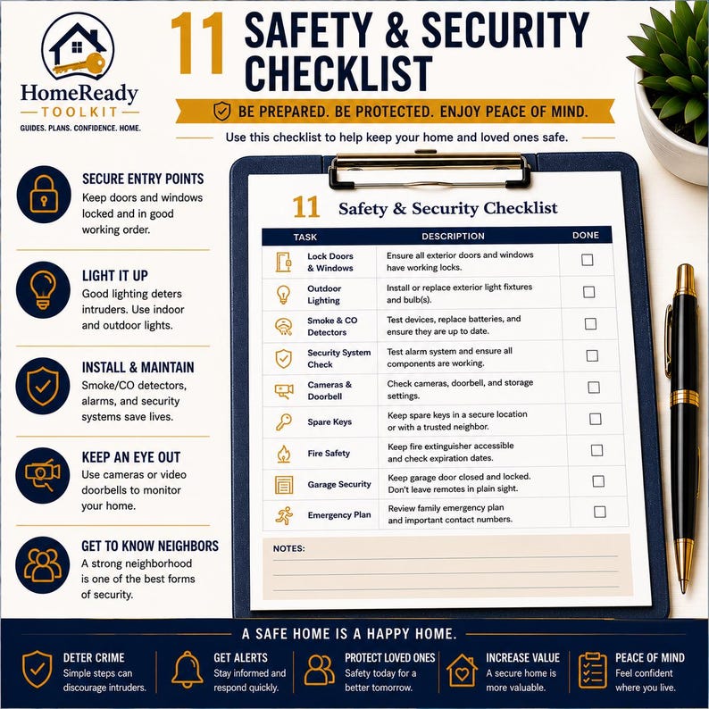 Peut inclure: Une liste de contr&ocirc;le de s&eacute;curit&eacute; et de s&ucirc;ret&eacute; HomeReady Toolkit 11 imprim&eacute;e sur papier, fix&eacute;e sur un presse-papier bleu fonc&eacute;. Le document pr&eacute;sente un tableau avec des t&acirc;ches comme verrouiller les portes, v&eacute;rifier les d&eacute;tecteurs et syst&egrave;mes.