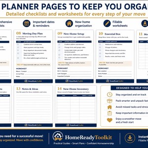 Op de afbeelding: Een set plannerpagina's met de titel MORE PLANNER PAGES TO KEEP YOU ORGANIZED, met checklists en werkbladen voor een verhuizing. Secties omvatten adreswijziging, verhuisplan, inrichting van het nieuwe huis, essenti&euml;le doos en onkostenoverzicht.