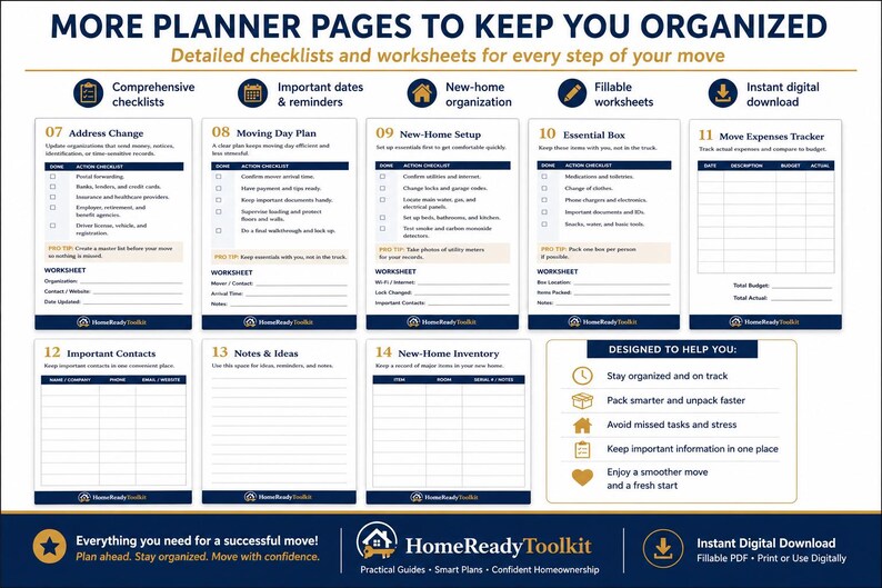 Op de afbeelding: Een set plannerpagina's met de titel MORE PLANNER PAGES TO KEEP YOU ORGANIZED, met checklists en werkbladen voor een verhuizing. Secties omvatten adreswijziging, verhuisplan, inrichting van het nieuwe huis, essenti&euml;le doos en onkostenoverzicht.