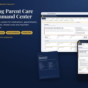May include: Aging Parent Care Command Center digital toolkit featuring a web dashboard, Excel workbook, and fillable PDF. The interface displays priority items, medication logs, and appointment schedules on a dark blue background with white text.