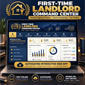K&ouml;nnte beinhalten: Ein Laptop mit der Web-App First-Time Landlord Command Center. Der Bildschirm zeigt ein Dashboard mit Finanzdiagrammen, Immobilien&uuml;bersichten und Aufgabenlisten. Der Text umfasst Rental Property Planner, Tenant Screening und Tax Tracker.
