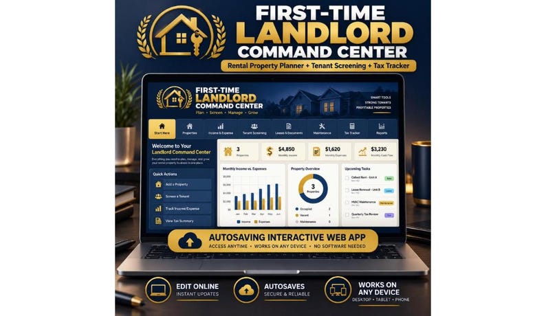 K&ouml;nnte beinhalten: Ein Laptop mit der Web-App First-Time Landlord Command Center. Der Bildschirm zeigt ein Dashboard mit Finanzdiagrammen, Immobilien&uuml;bersichten und Aufgabenlisten. Der Text umfasst Rental Property Planner, Tenant Screening und Tax Tracker.