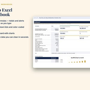 May include: A 9-tab Excel workbook digital file featuring a dashboard with charts, drop-down lists, and color-coded status indicators. The interface displays financial data, including qualified tip deductions, federal tax savings, and monthly tip charts.