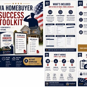 May include: A VA Homebuyer Success Toolkit digital product set featuring a spiral-bound guide, action workbook, and quick checklists. The design includes a silhouette of a saluting soldier, an American flag, and a house, with text detailing guides, forms, and checklists for home buying.