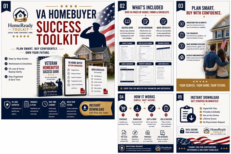 May include: A VA Homebuyer Success Toolkit digital product set featuring a spiral-bound guide, action workbook, and quick checklists. The design includes a silhouette of a saluting soldier, an American flag, and a house, with text detailing guides, forms, and checklists for home buying.