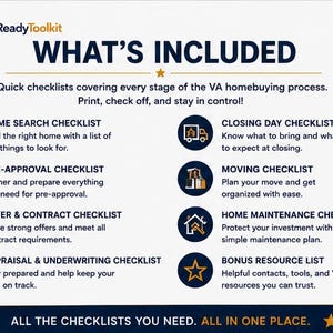 May include: An informational graphic titled HomeReadyToolkit WHAT'S INCLUDED. It lists eight VA homebuying checklists: Home Search, Pre-Approval, Offer & Contract, Appraisal & Underwriting, Closing Day, Moving, Home Maintenance, and a Bonus Resource List.