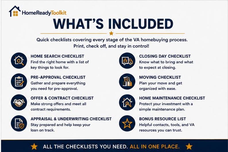 May include: An informational graphic titled HomeReadyToolkit WHAT'S INCLUDED. It lists eight VA homebuying checklists: Home Search, Pre-Approval, Offer & Contract, Appraisal & Underwriting, Closing Day, Moving, Home Maintenance, and a Bonus Resource List.