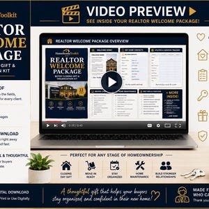 May include: A digital realtor welcome package displayed on a laptop screen, featuring a fillable PDF, printable checklists, and trackers. The layout includes text, icons, and a video preview button, alongside a small potted plant and a branded mug.