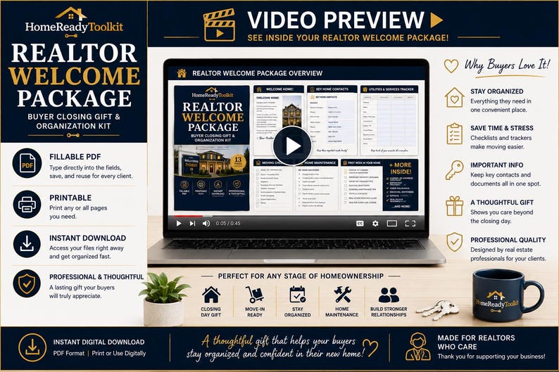 May include: A digital realtor welcome package displayed on a laptop screen, featuring a fillable PDF, printable checklists, and trackers. The layout includes text, icons, and a video preview button, alongside a small potted plant and a branded mug.