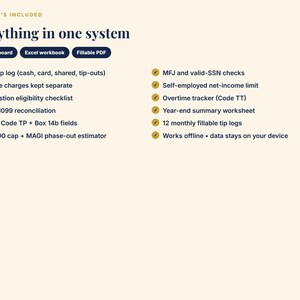 May include: A digital information graphic titled Everything in one system, listing features for a web dashboard, Excel workbook, and fillable PDF. It includes bulleted points covering tip logs, tax reconciliation, eligibility checklists, and income tracking.