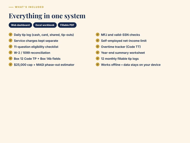 May include: A digital information graphic titled Everything in one system, listing features for a web dashboard, Excel workbook, and fillable PDF. It includes bulleted points covering tip logs, tax reconciliation, eligibility checklists, and income tracking.