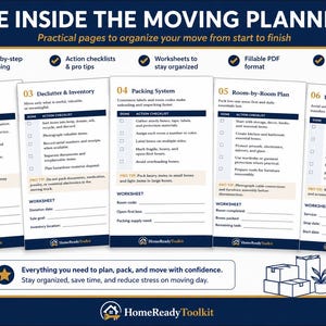 Op de afbeelding: Een digitale verhuisplanner getiteld SEE INSIDE THE MOVING PLANNER met vijf pagina's genummerd 01 tot 06. Elke pagina bevat actiechecklists, werkbladen en professionele tips voor het organiseren van een verhuizing. Het HomeReadyToolkit-logo staat onderaan.