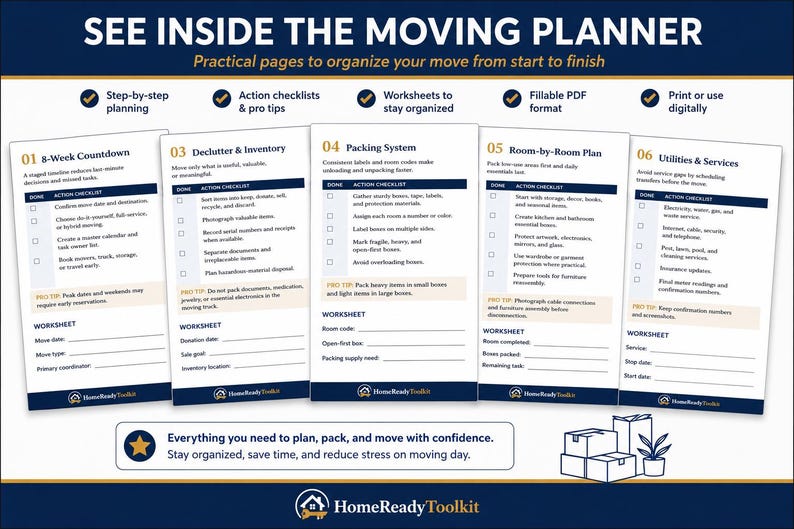 Op de afbeelding: Een digitale verhuisplanner getiteld SEE INSIDE THE MOVING PLANNER met vijf pagina's genummerd 01 tot 06. Elke pagina bevat actiechecklists, werkbladen en professionele tips voor het organiseren van een verhuizing. Het HomeReadyToolkit-logo staat onderaan.