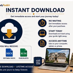 May include: A digital product graphic for HomeReadyToolkit featuring an instant download icon, file format logos for PDF, DOCX, and XLSX, a laptop displaying a house image, a blue Home Sweet Home mug, and a camouflage cap with an American flag patch.