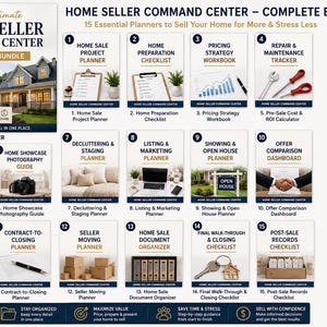 May include: A digital bundle titled Home Seller Command Center featuring 15 essential planners for selling a home. The image displays a cover page, a thumbnail summary, and 15 individual planner icons with descriptive text and imagery for each.